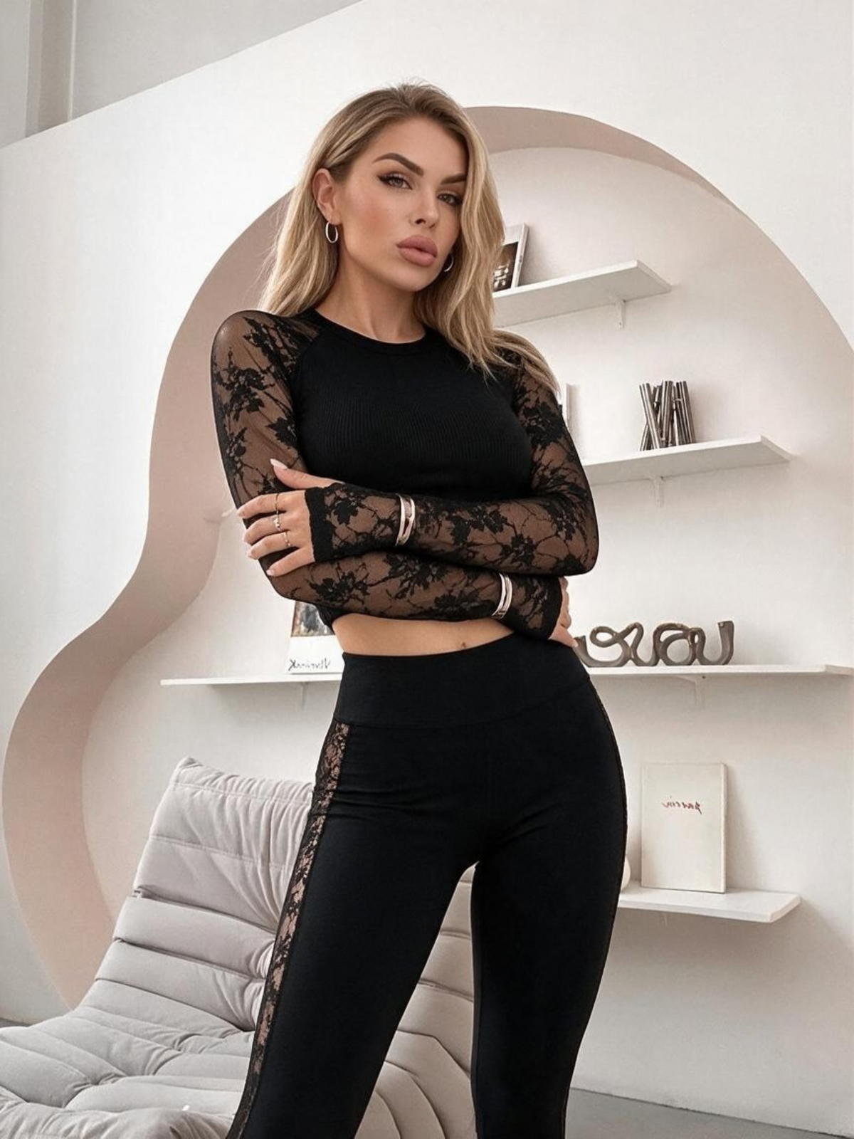 Lace Raglan Sleeve Crop Top Leggings 2 Piece Set