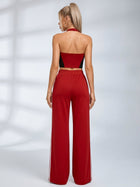 Lace Up Halter Crop Top Side Stripe Wide Leg Pants 2 Piece Set