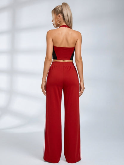 Lace Up Halter Crop Top Side Stripe Wide Leg Pants 2 Piece Set