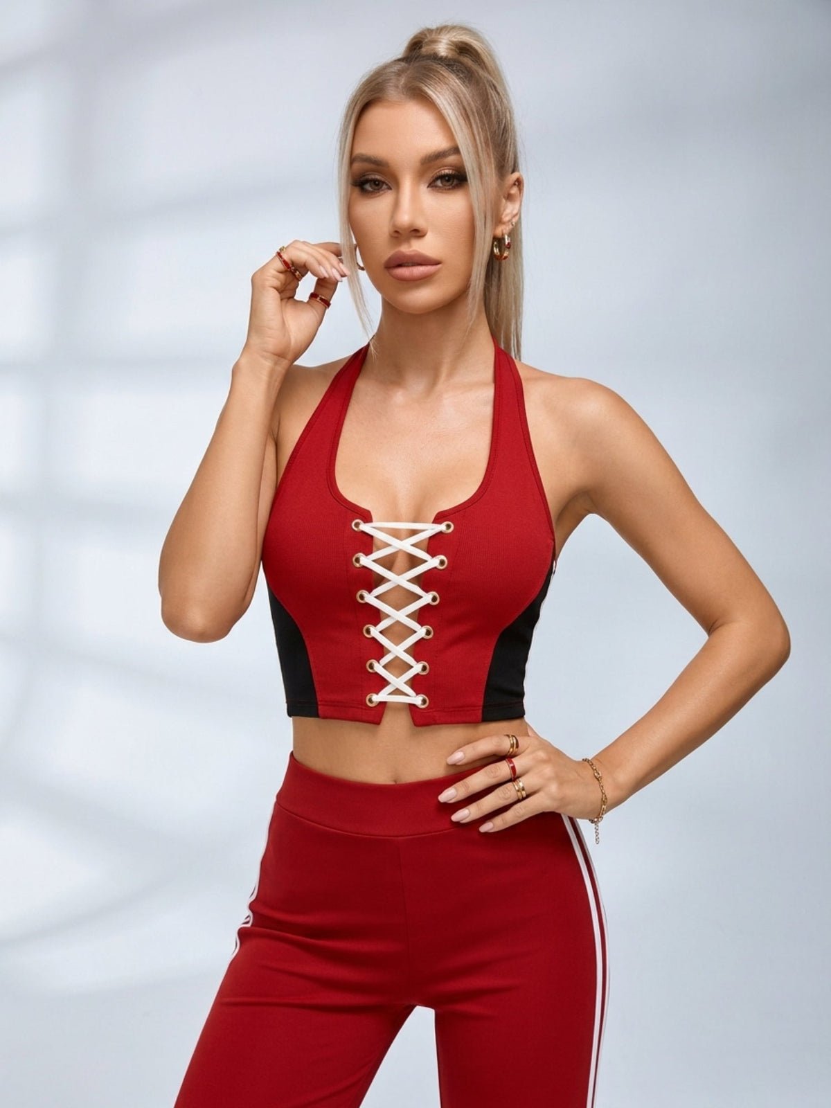 Lace Up Halter Crop Top Side Stripe Wide Leg Pants 2 Piece Set
