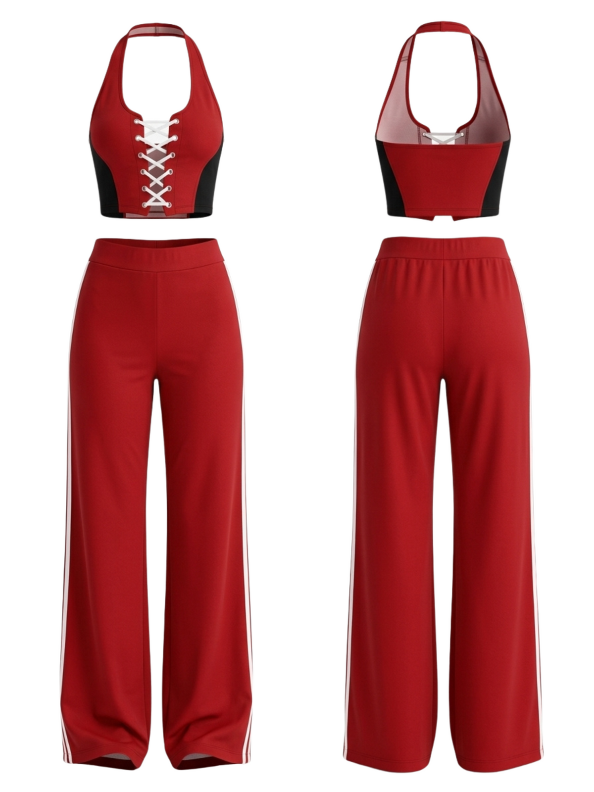 Lace Up Halter Crop Top Side Stripe Wide Leg Pants 2 Piece Set