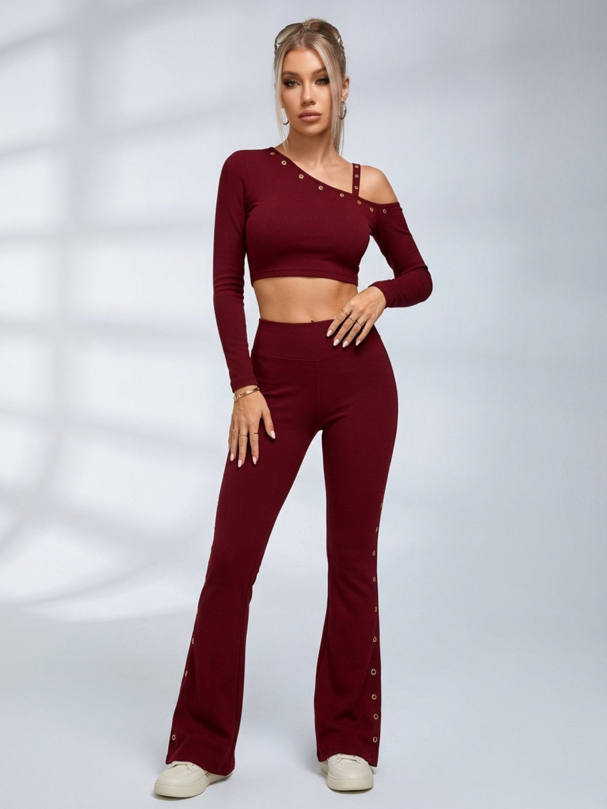 Slim Ribbed Cold Shoulder 2 Piece Outfit