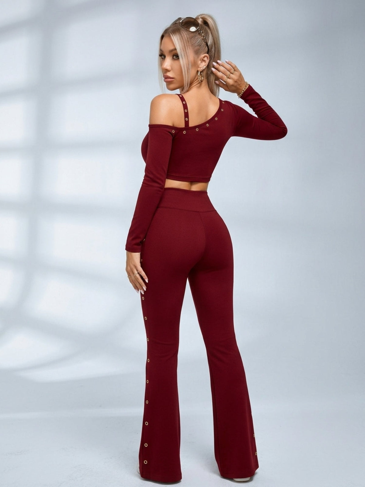 Slim Ribbed Cold Shoulder 2 Piece Outfit
