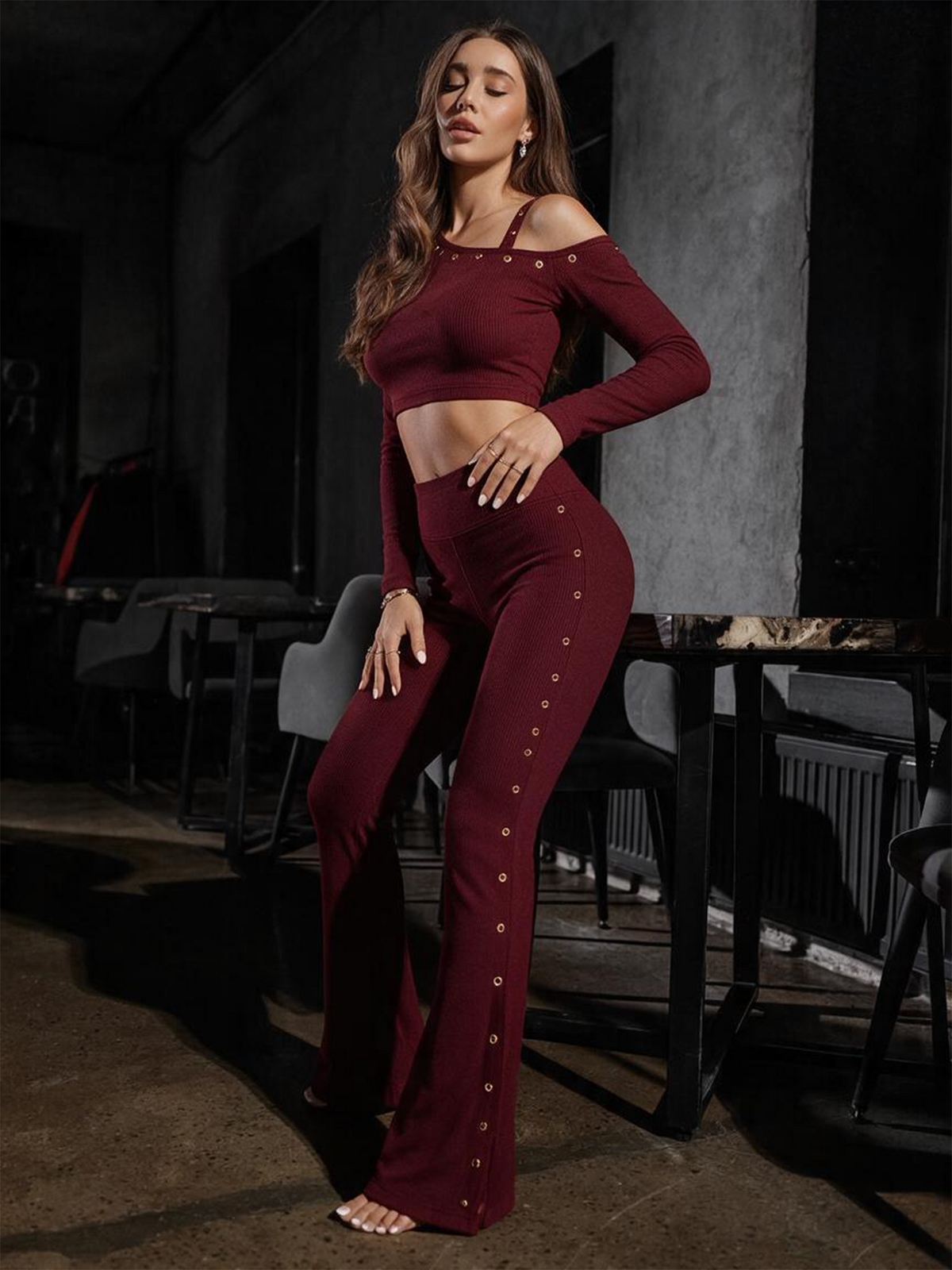 Slim Ribbed Cold Shoulder 2 Piece Outfit