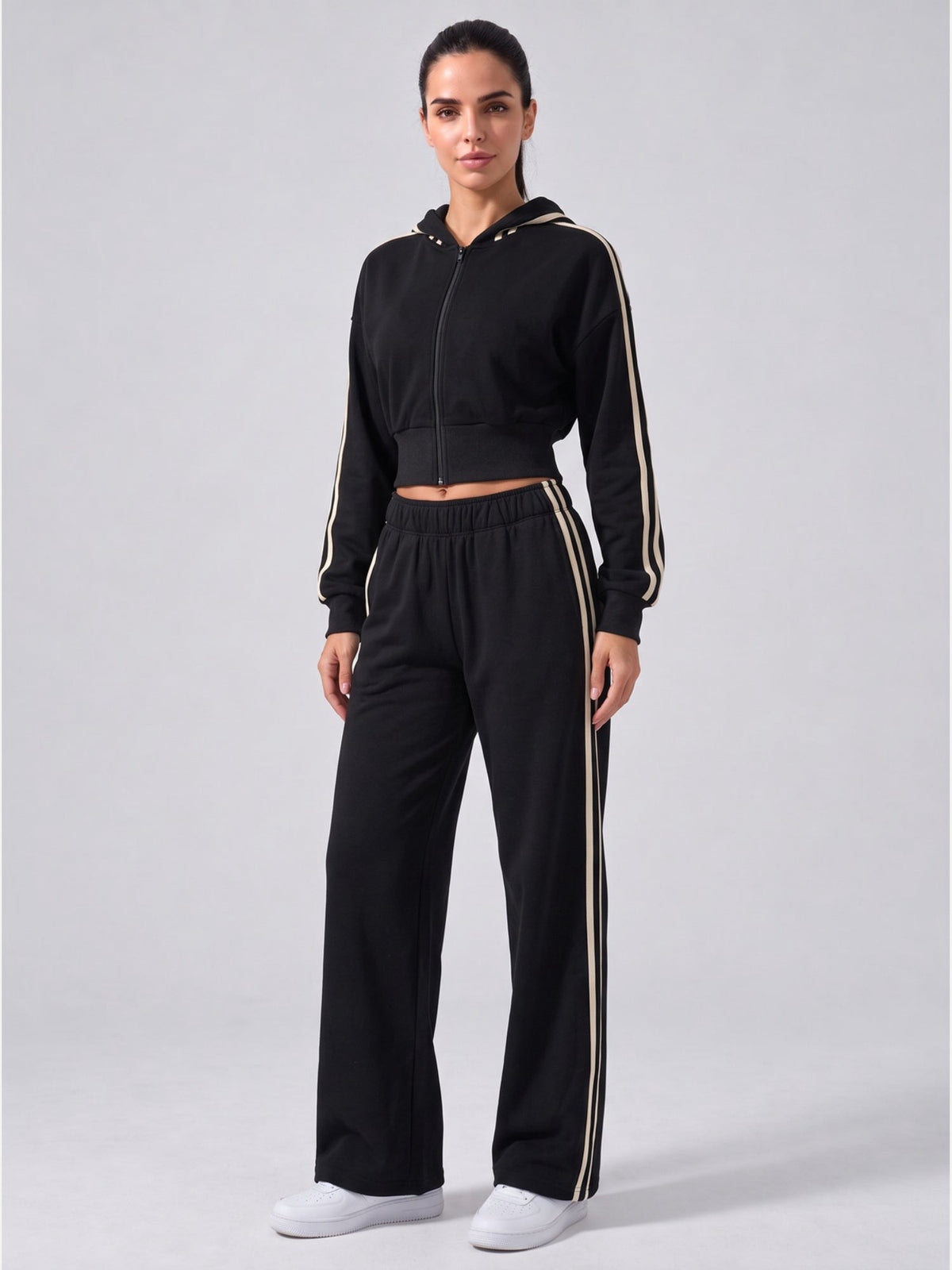Women's Hooded Cropped Tracksuit with Wide-Leg Striped Trousers