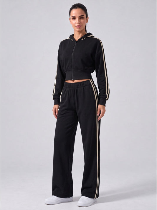 Women's Hooded Cropped Tracksuit with Wide-Leg Striped Trousers