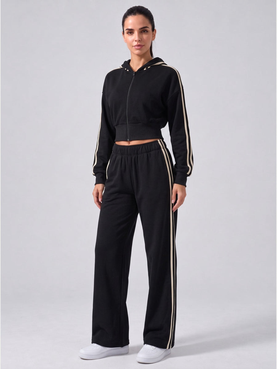 Women's Hooded Cropped Tracksuit with Wide-Leg Striped Trousers