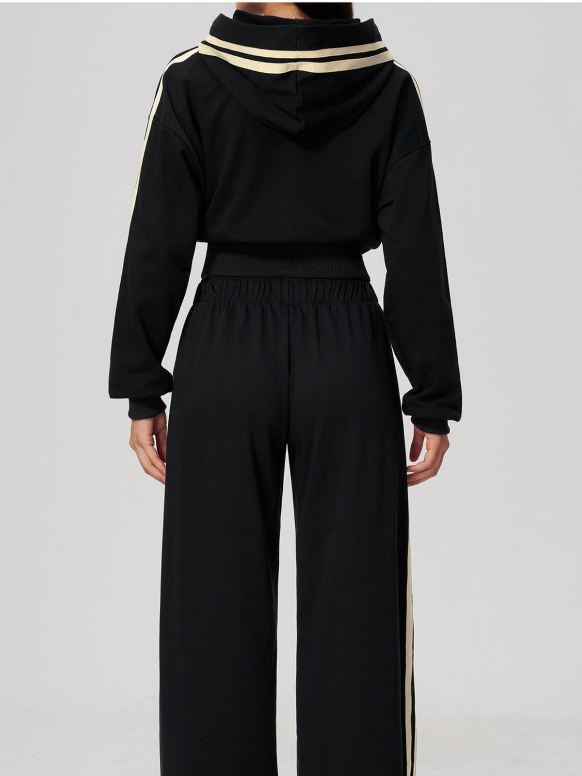 Women's Hooded Cropped Tracksuit with Wide-Leg Striped Trousers