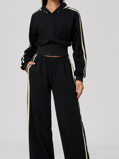 Women's Hooded Cropped Tracksuit with Wide-Leg Striped Trousers
