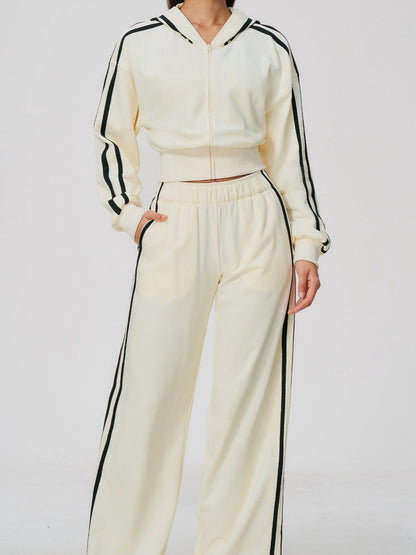 Women's Hooded Cropped Tracksuit with Wide-Leg Striped Trousers