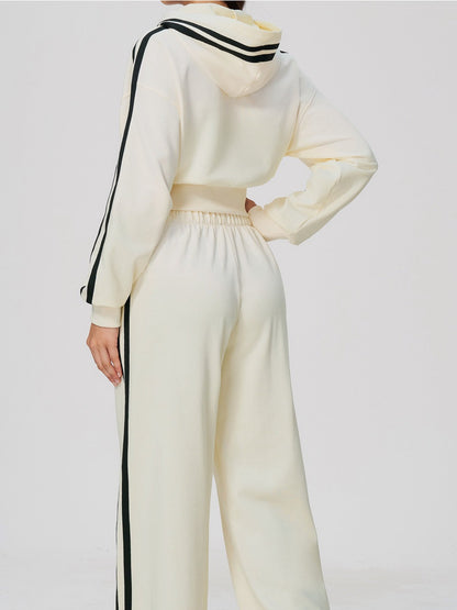 Women's Hooded Cropped Tracksuit with Wide-Leg Striped Trousers