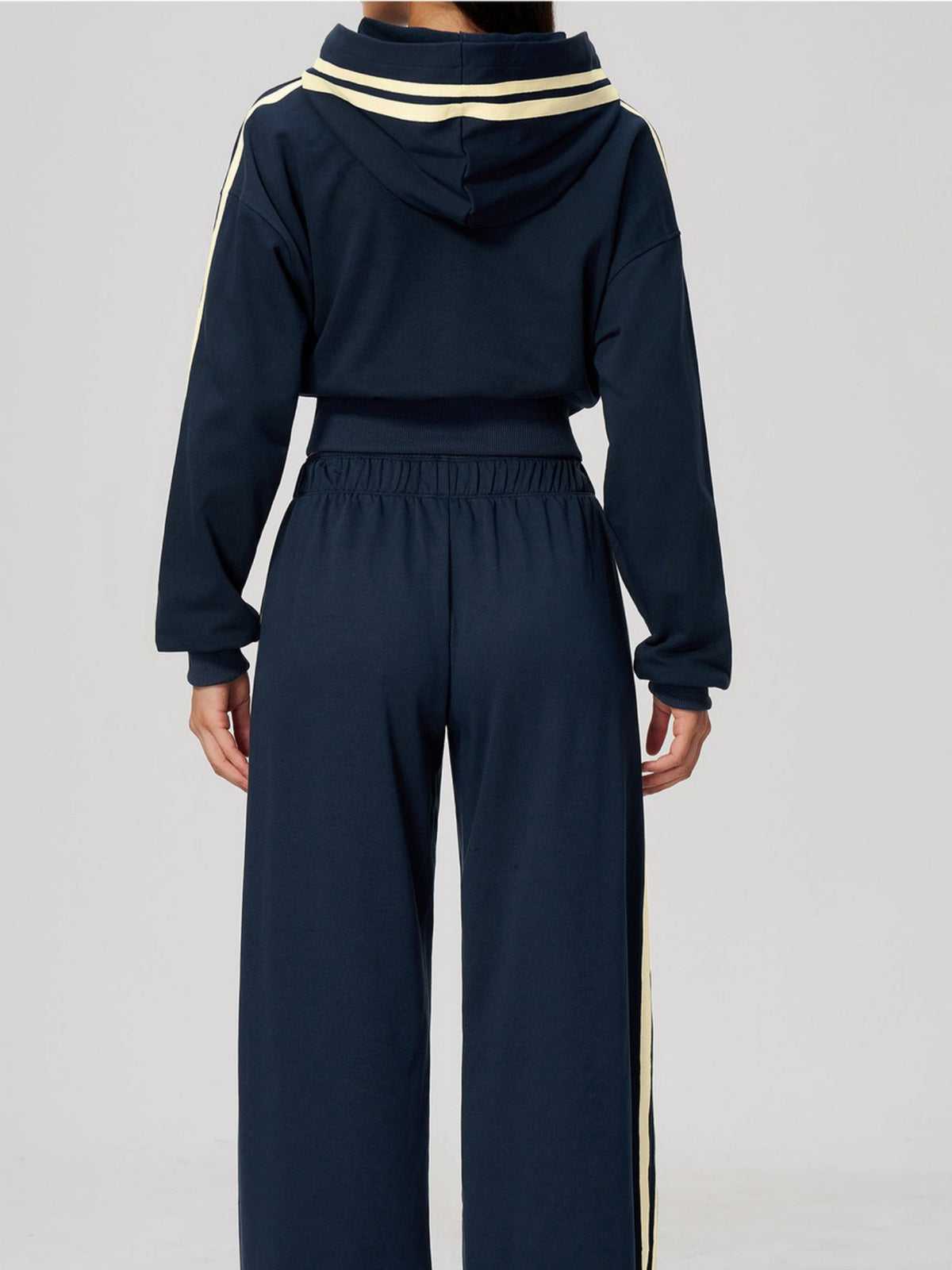Women's Hooded Cropped Tracksuit with Wide-Leg Striped Trousers