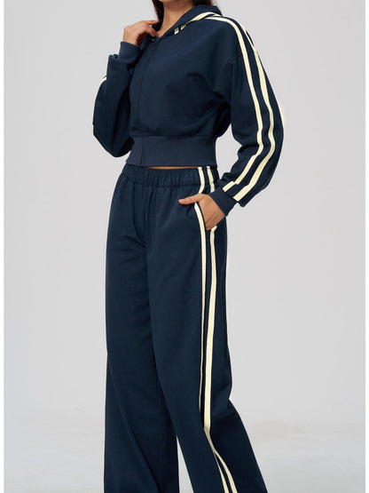 Women's Hooded Cropped Tracksuit with Wide-Leg Striped Trousers