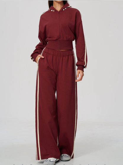 Women's Hooded Cropped Tracksuit with Wide-Leg Striped Trousers
