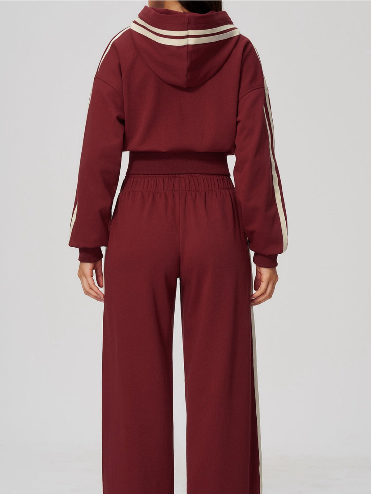 Women's Hooded Cropped Tracksuit with Wide-Leg Striped Trousers