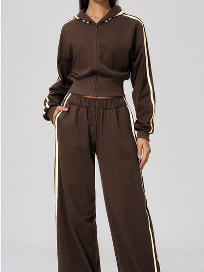 Women's Hooded Cropped Tracksuit with Wide-Leg Striped Trousers