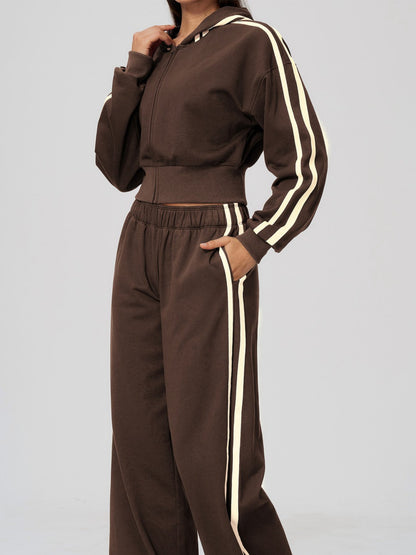 Women's Hooded Cropped Tracksuit with Wide-Leg Striped Trousers