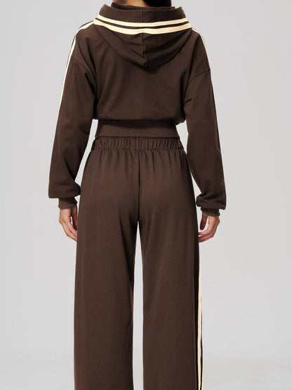 Women's Hooded Cropped Tracksuit with Wide-Leg Striped Trousers