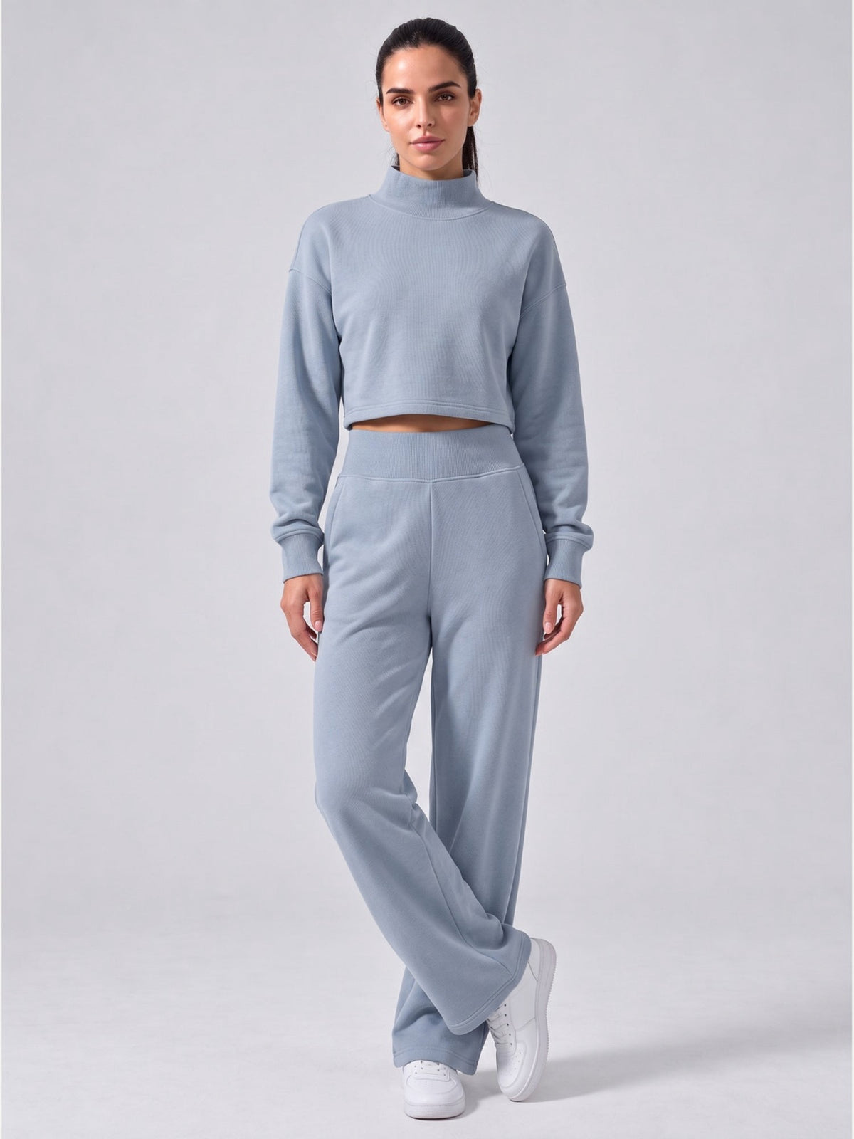 Women's Cropped Mock Neck Sweatshirt & Wide-Leg Sweatpants Two-Piece Set