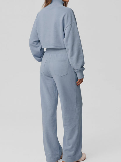 Women's Cropped Mock Neck Sweatshirt & Wide-Leg Sweatpants Two-Piece Set