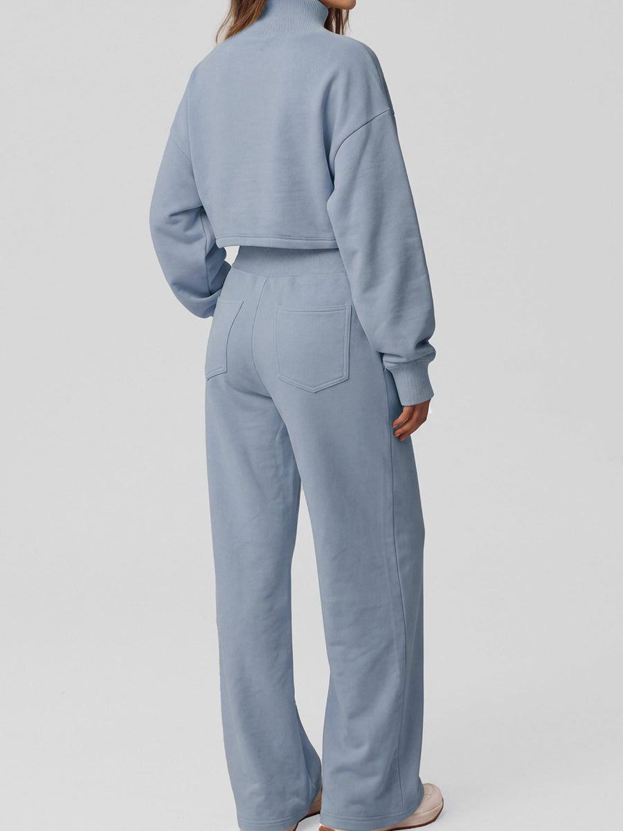 Women's Cropped Mock Neck Sweatshirt & Wide-Leg Sweatpants Two-Piece Set