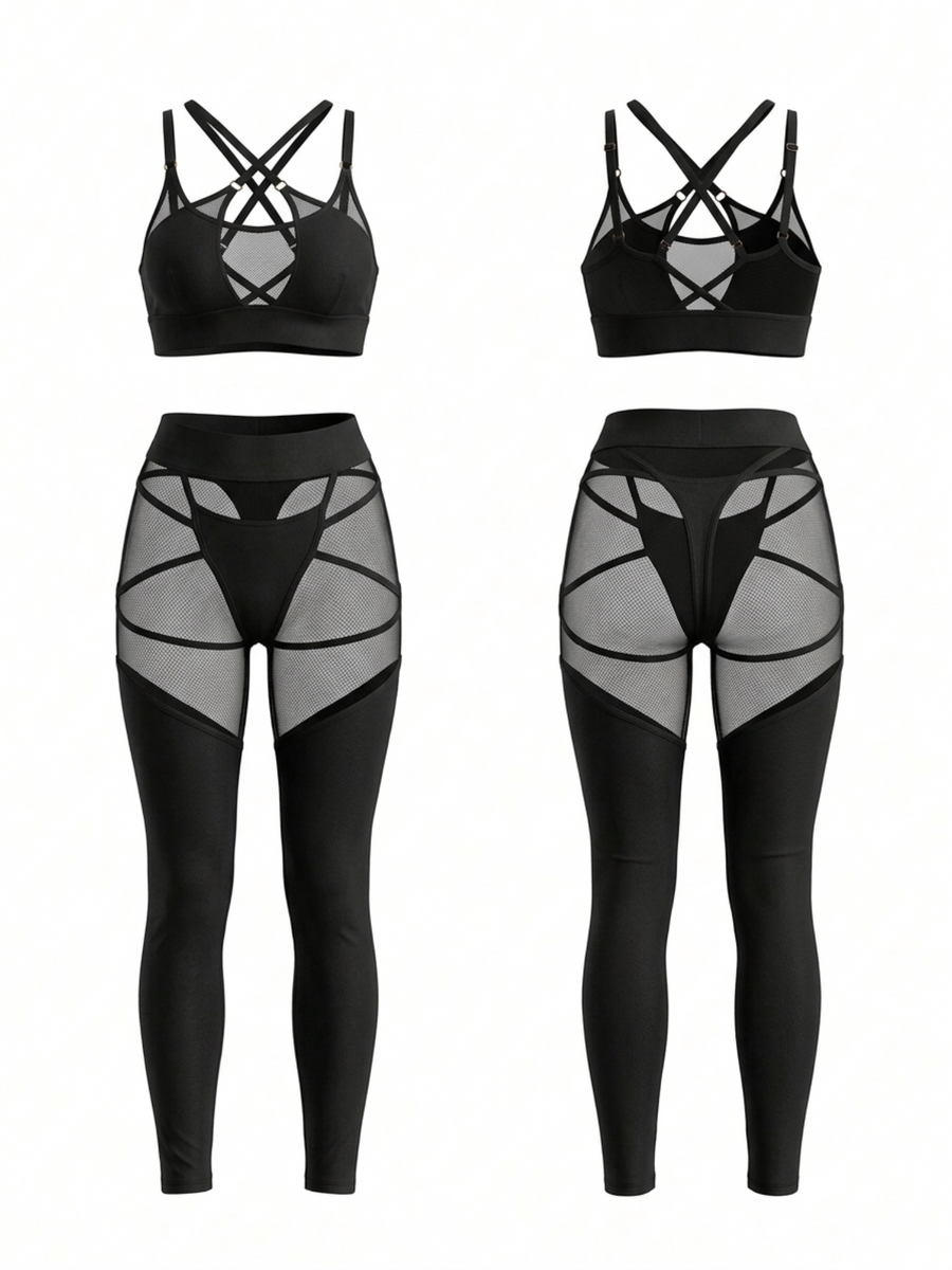 Sheer Mesh Crisscross Bra and Leggings Set