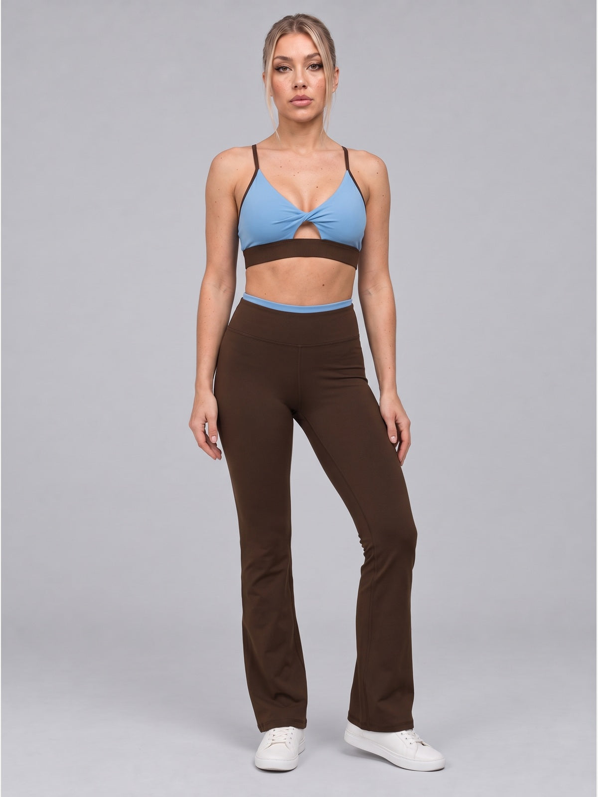 Twist-Front Colorblock Sports Bra & Flared Leggings Set