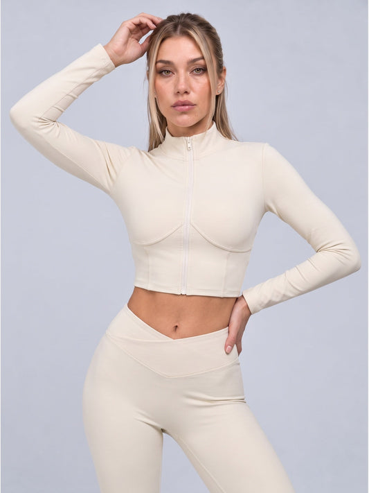 Women's Cropped Half-Zip Long Sleeve Top & Flared Leggings Set