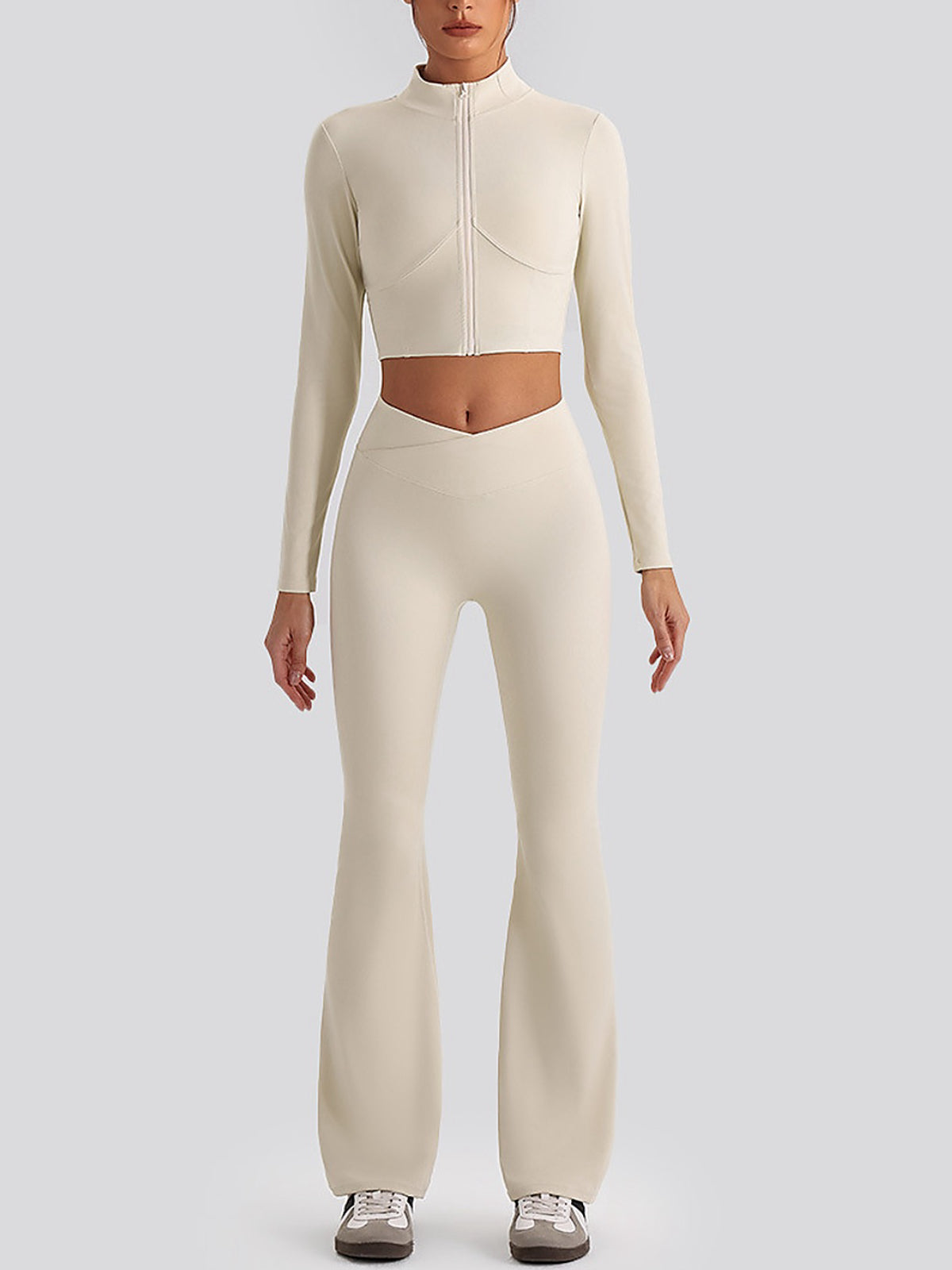 Women's Cropped Half-Zip Long Sleeve Top & Flared Leggings Set