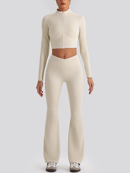 Women's Cropped Half-Zip Long Sleeve Top & Flared Leggings Set