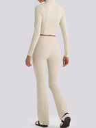 Women's Cropped Half-Zip Long Sleeve Top & Flared Leggings Set