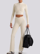 Women's Cropped Half-Zip Long Sleeve Top & Flared Leggings Set