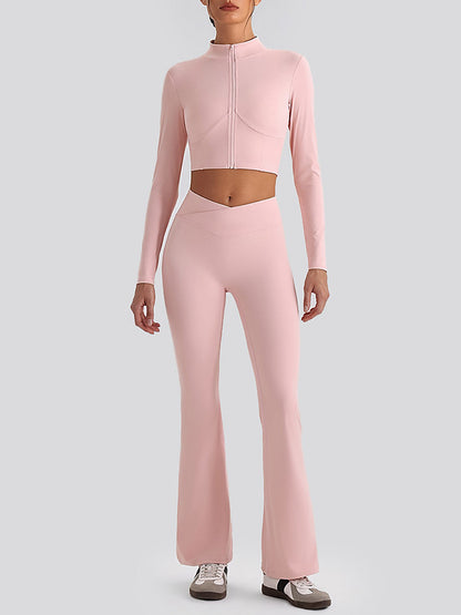 Women's Cropped Half-Zip Long Sleeve Top & Flared Leggings Set
