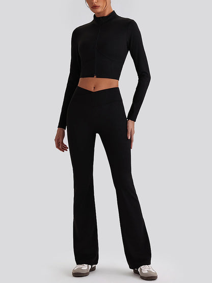 Women's Cropped Half-Zip Long Sleeve Top & Flared Leggings Set