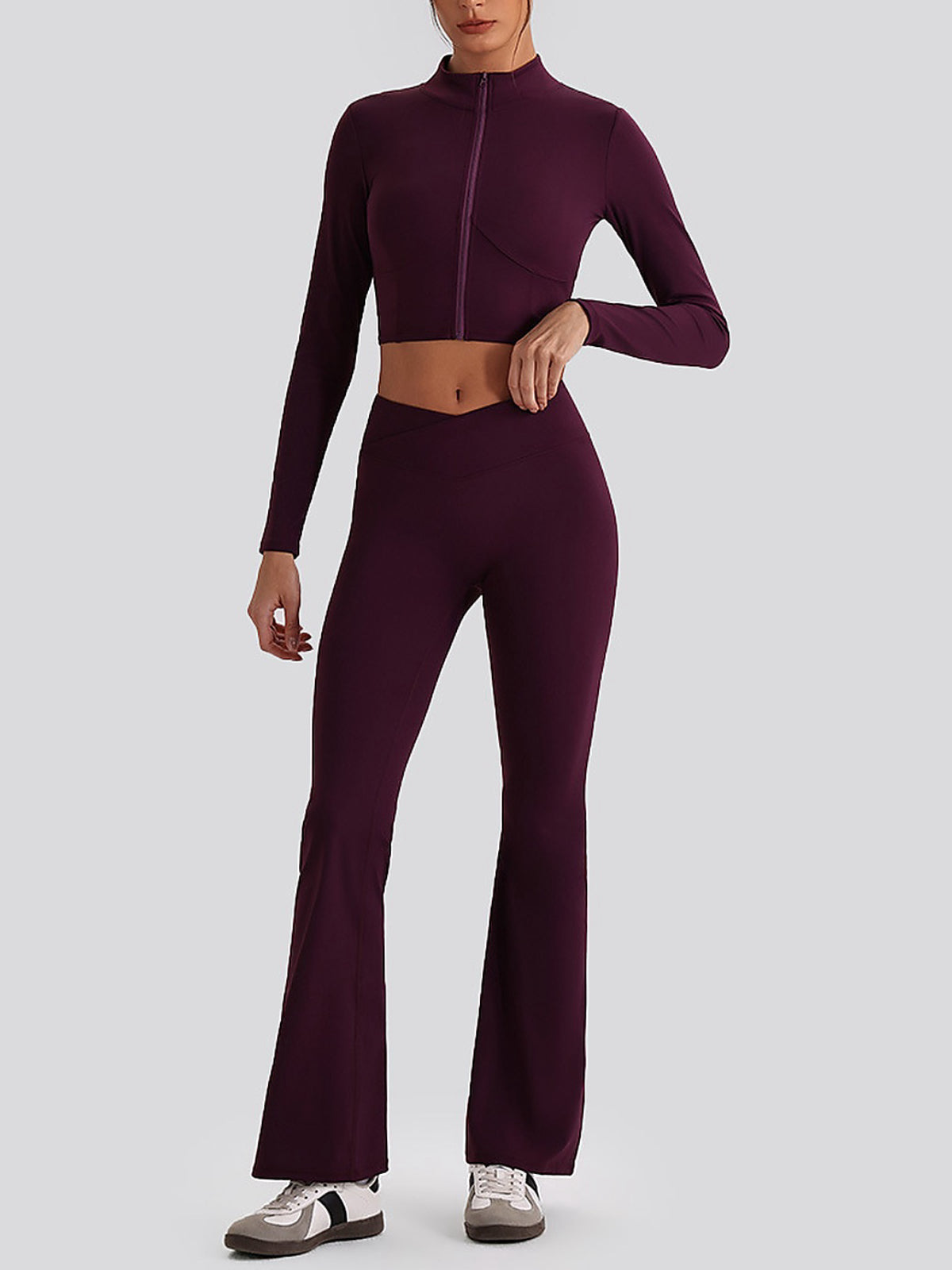 Women's Cropped Half-Zip Long Sleeve Top & Flared Leggings Set
