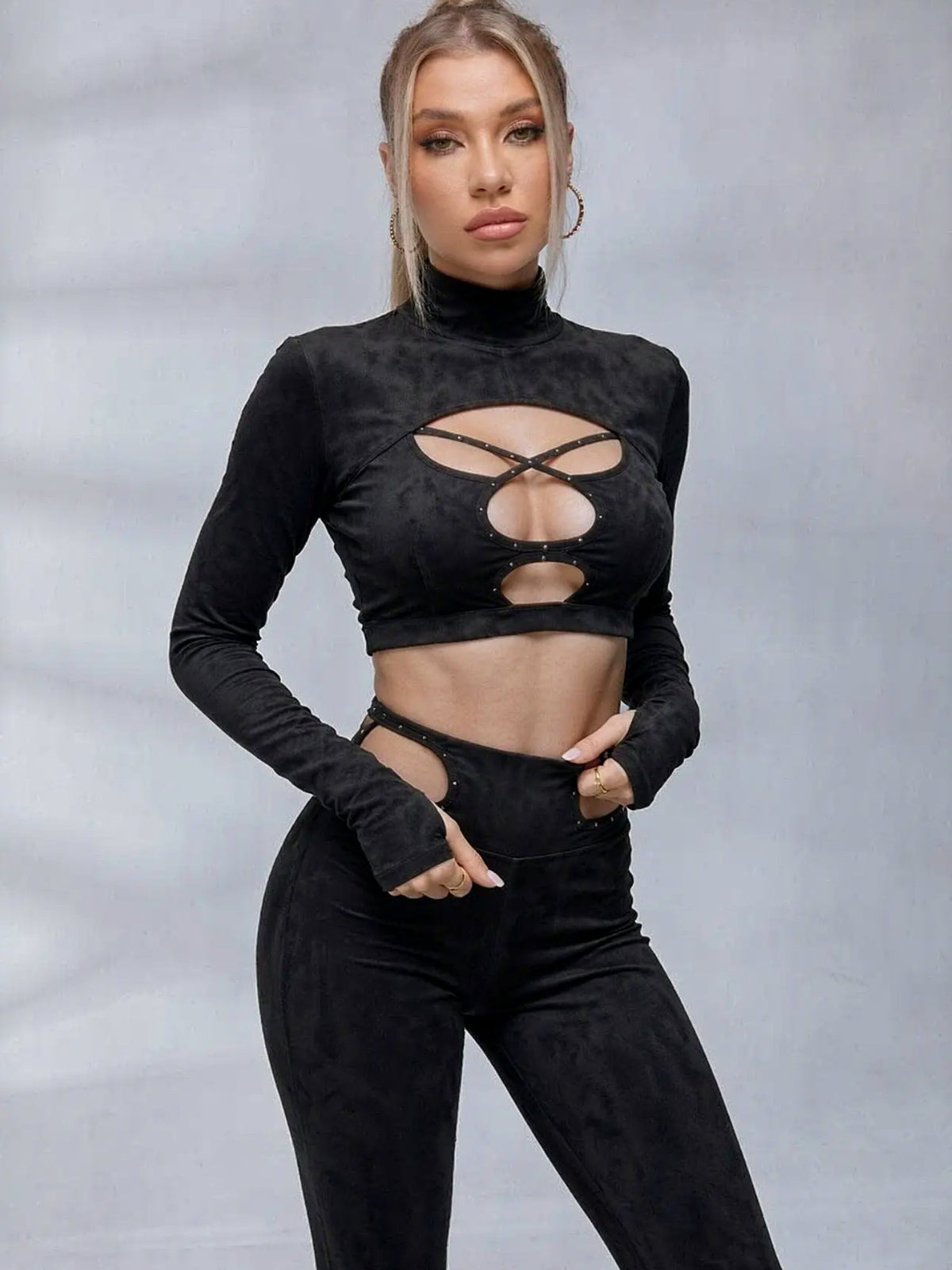 Black Cut-Out Studded Crop Top & Leggings Set