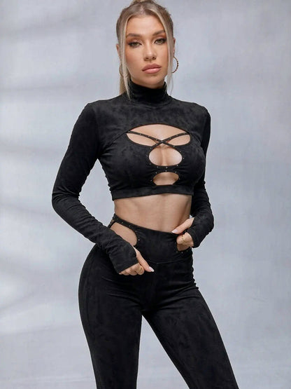 Black Cut-Out Studded Crop Top & Leggings Set