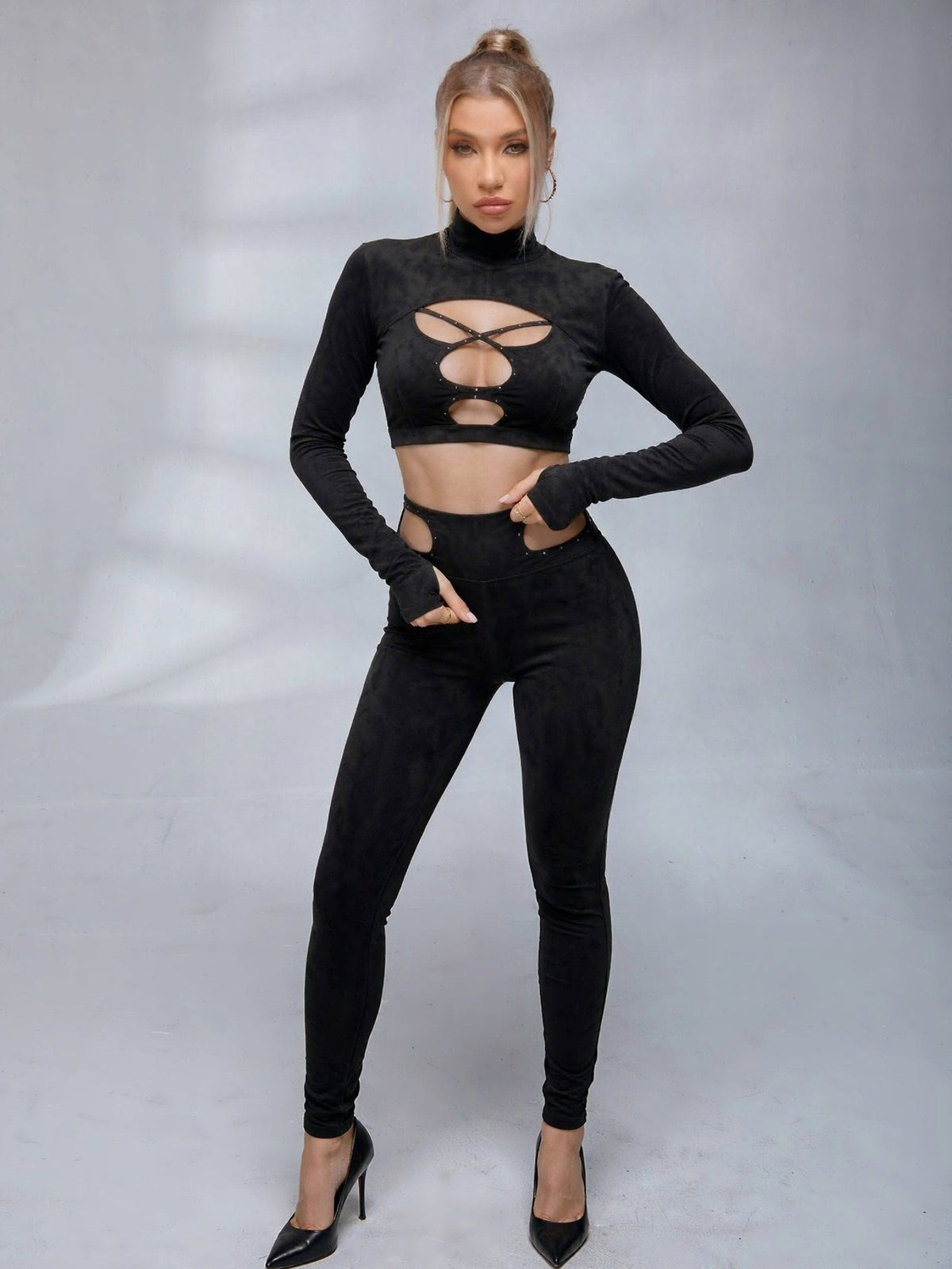 Black Cut-Out Studded Crop Top & Leggings Set
