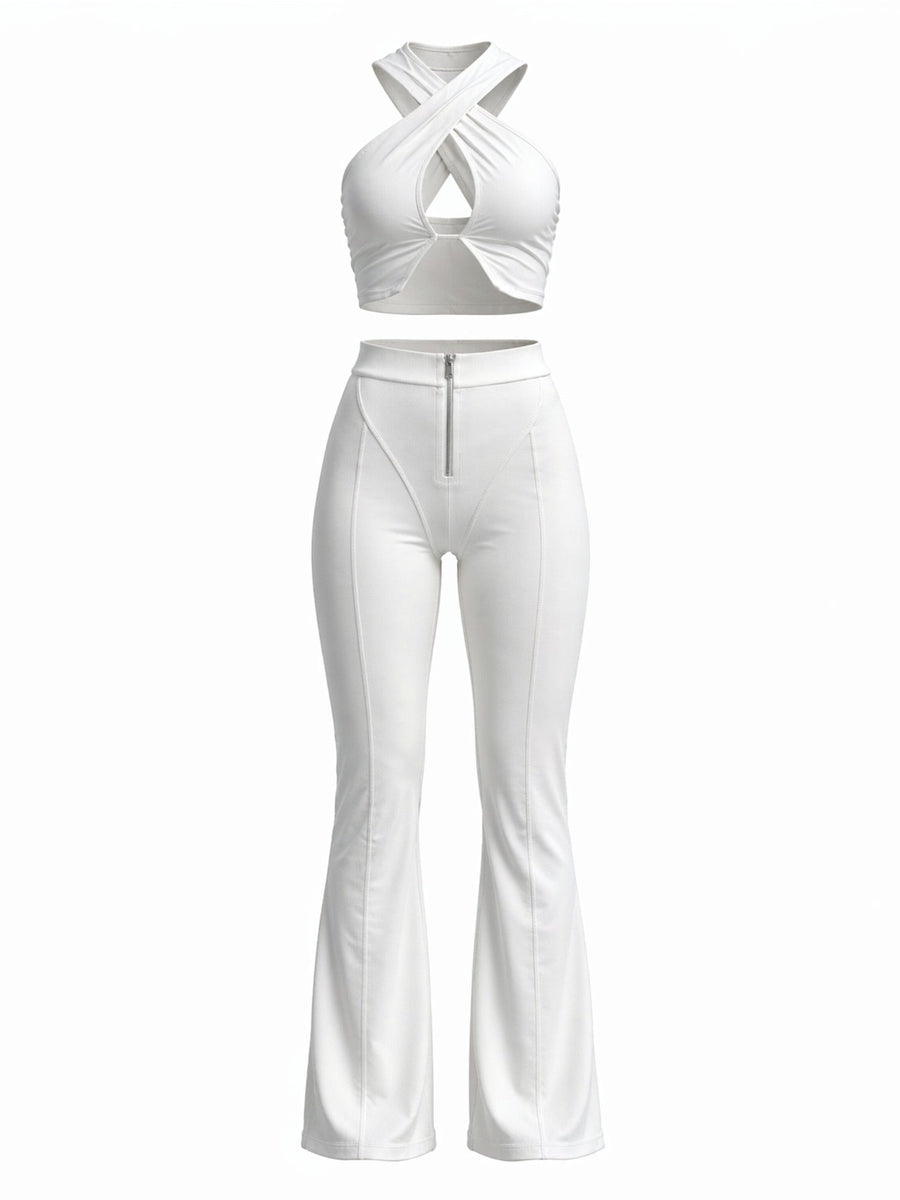 Crisscross Halter Crop Top & Flare Leggings Set