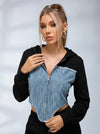 Contrast Color Denim Zipper Hoodie
