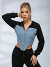 Contrast Color Denim Zipper Hoodie