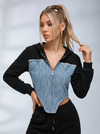 Contrast Color Denim Zipper Hoodie