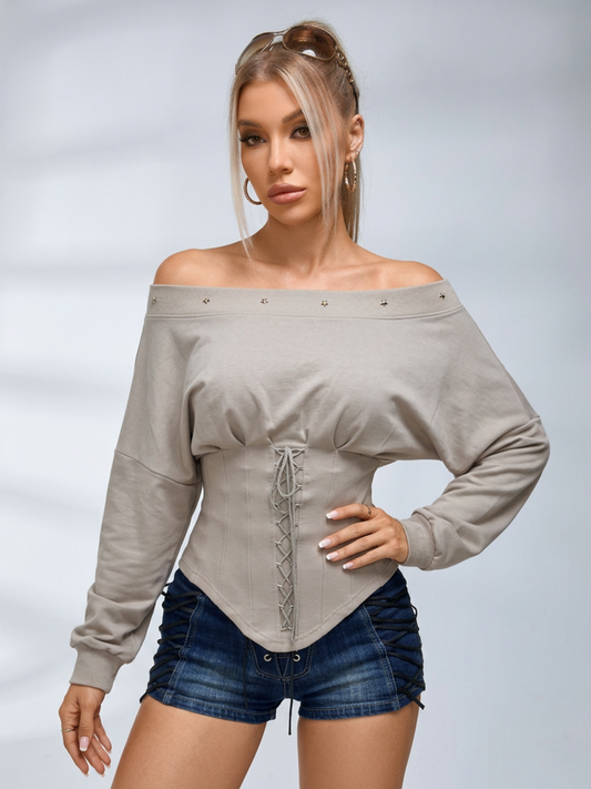 Off Shoulder Corset Lace Up Waist Long Sleeve Top