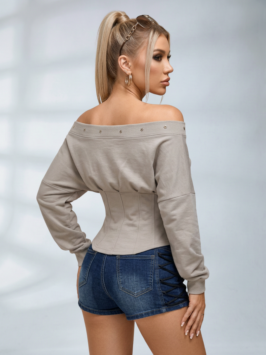 Off Shoulder Corset Lace Up Waist Long Sleeve Top