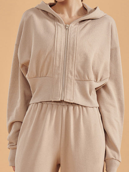 Cropped Zip Up Hooded Slim Waist Jacket