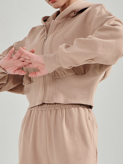 Cropped Zip Up Hooded Slim Waist Jacket