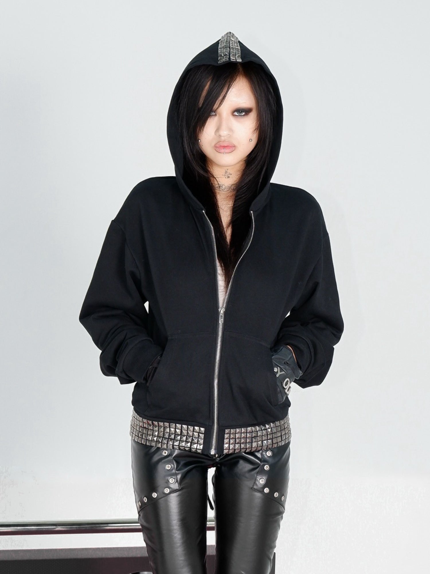 Back Cross Studded Cropped Zip Up Hoodie