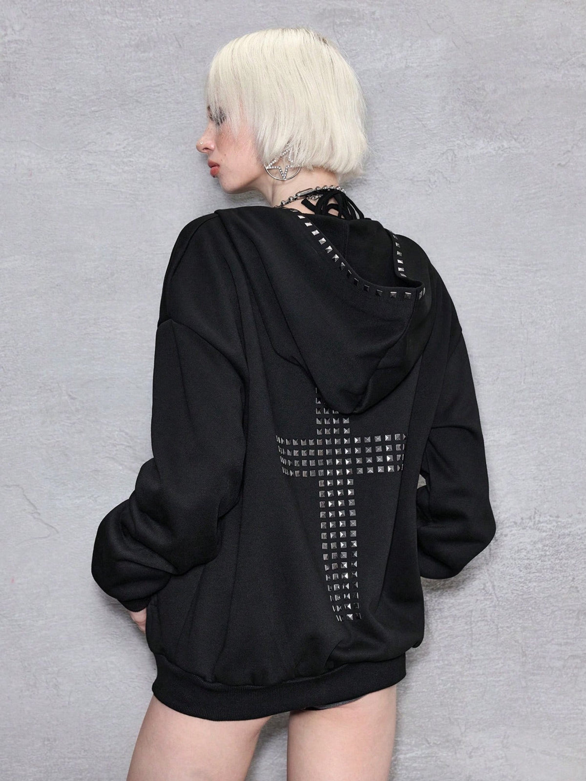 Back Cross Text Print Oversized Hoodie