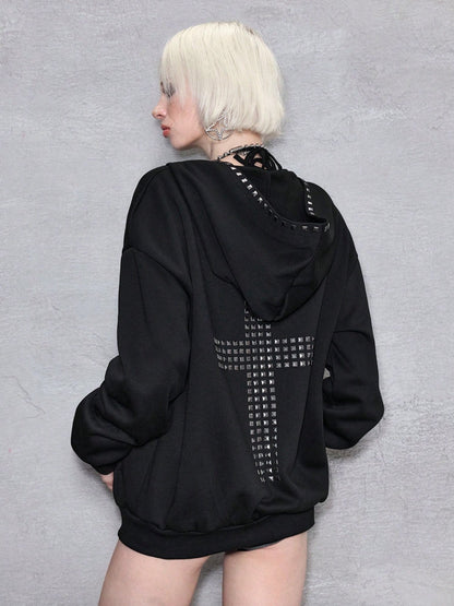Back Cross Text Print Oversized Hoodie