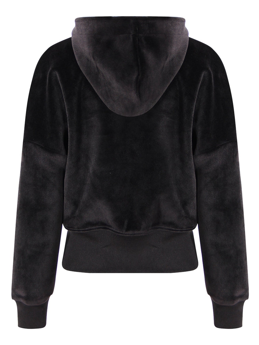 Velvet Multi-Zipper Waist Cinched Cropped Hooded Jacket